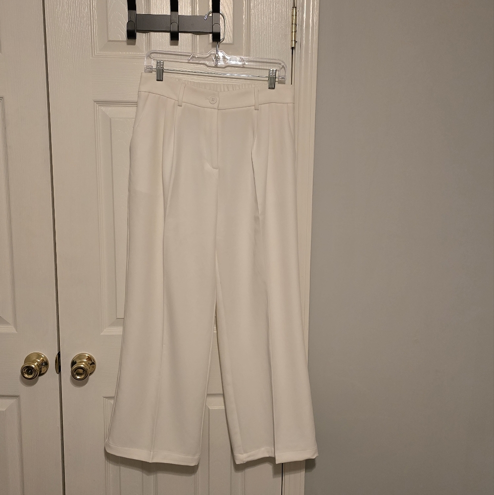 Funnyzo‎ Women's elastic waist trouser pleated wide leg ivory pants Sz L